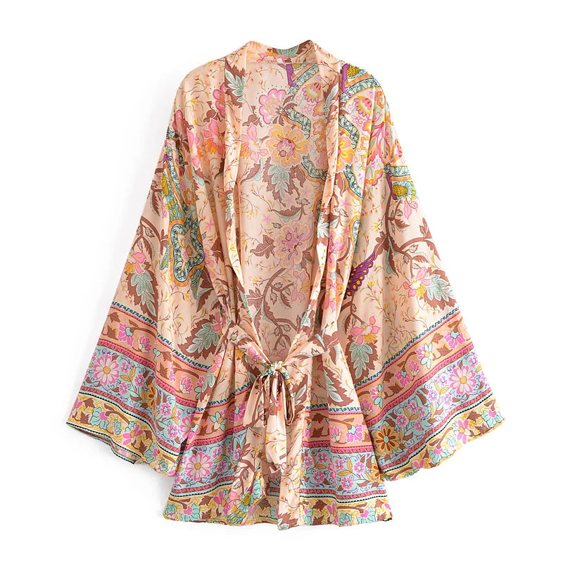 Vintage Peacock Floral Kimono - Bohemian Batwing Sleeves Robe