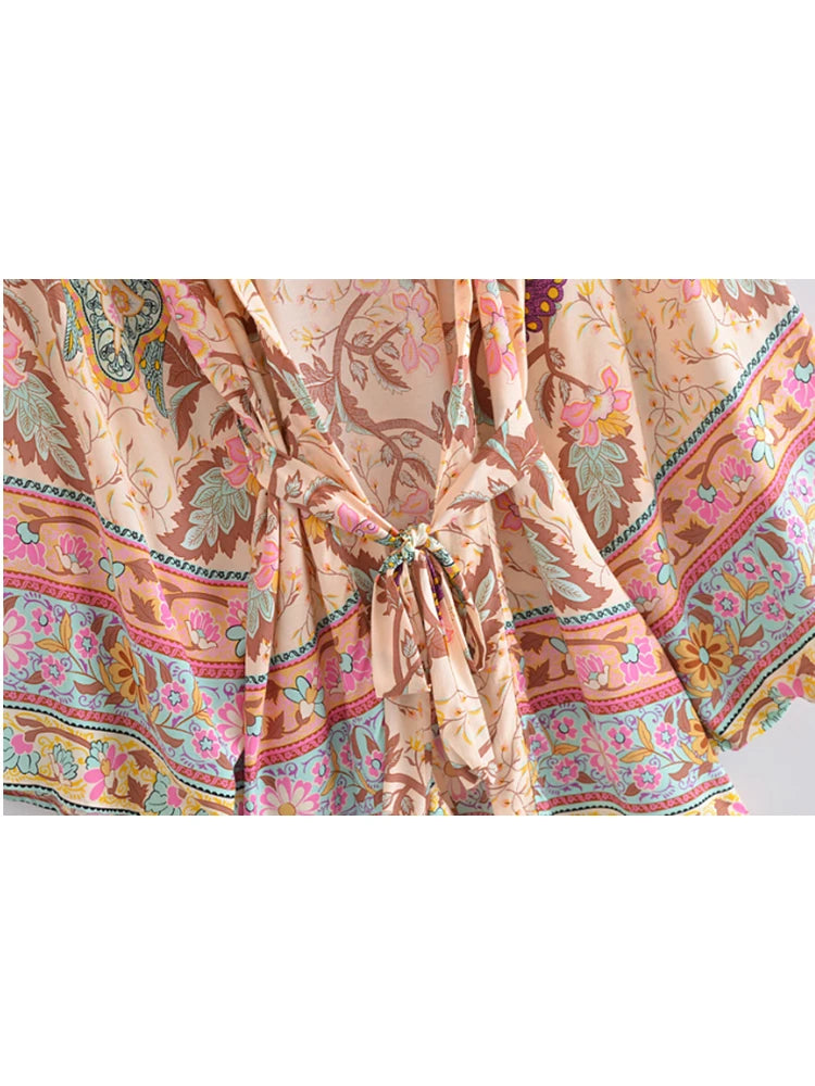 Vintage Peacock Floral Kimono - Bohemian Batwing Sleeves Robe